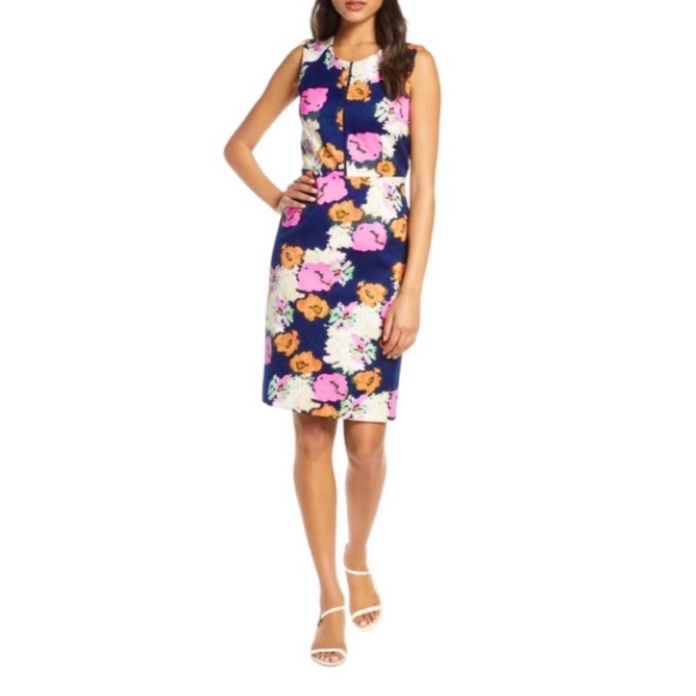 J. Crew Portfolio Bold Petunia Floral Sheath Dress Navy Blue Pink Orange White